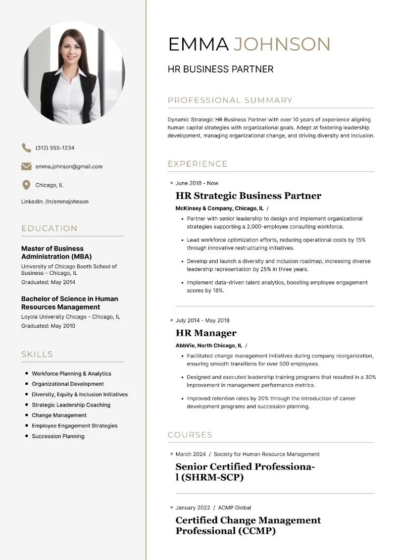 HRBP Resume Examples and Key Elements for 2025