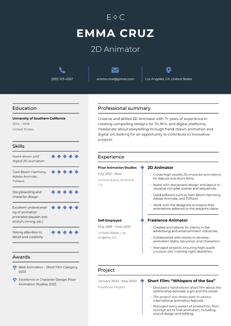 Animator Resume Examples and Templates with Guide for 2025