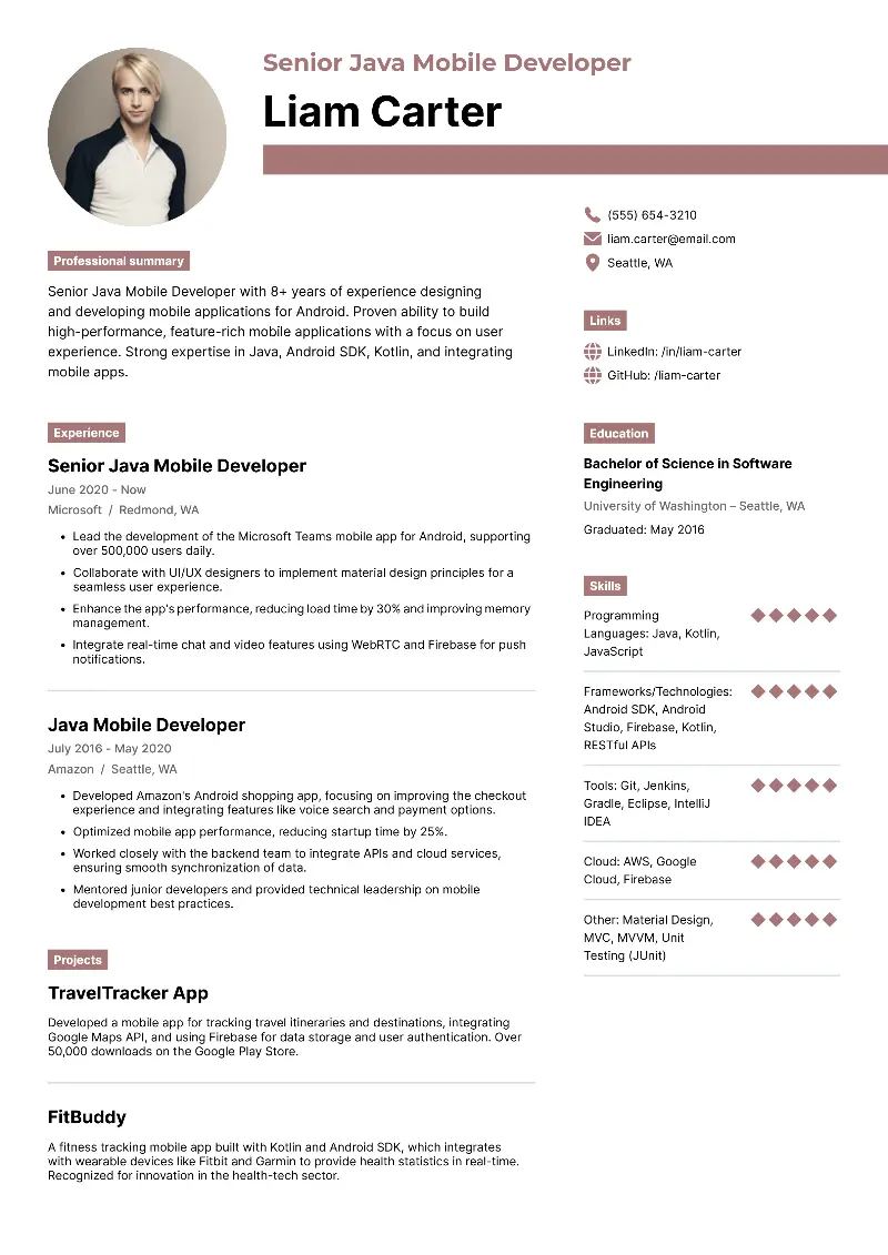 Senior Java Mobile Developer Resume