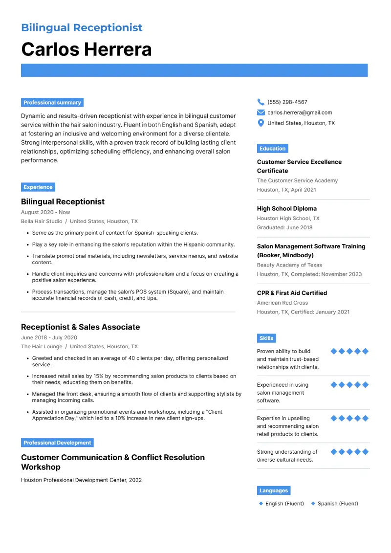 Bilingual Receptionist Resume Bilingual Receptionist Resume