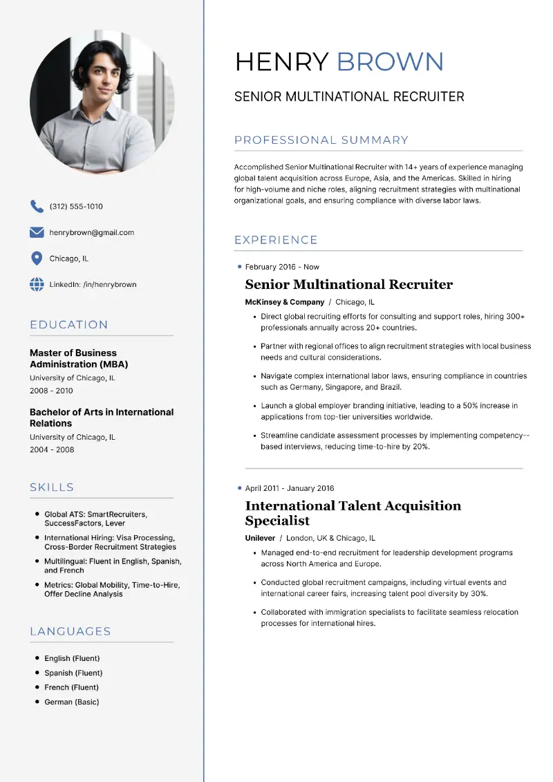 Senior Multinational Recruiter Resume