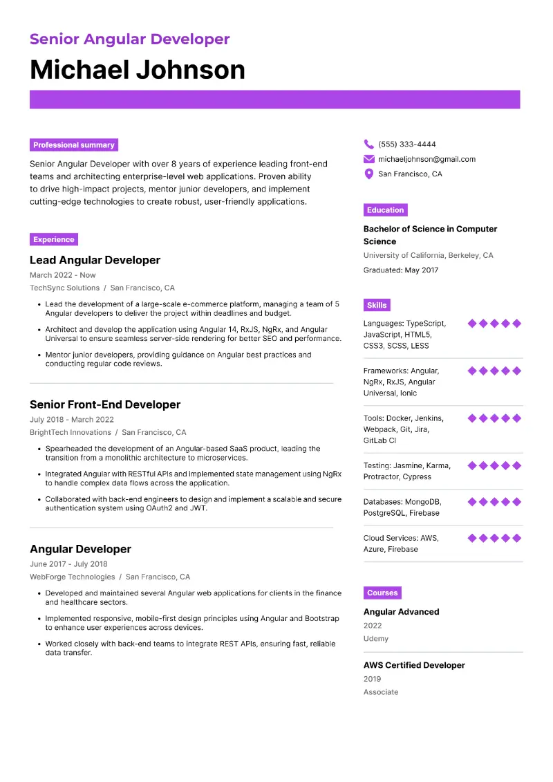 Senior Angular Developer Resume