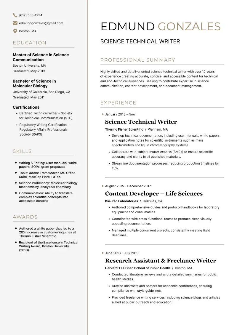 Science Technical Writer Resume Science Technical Writer Resume