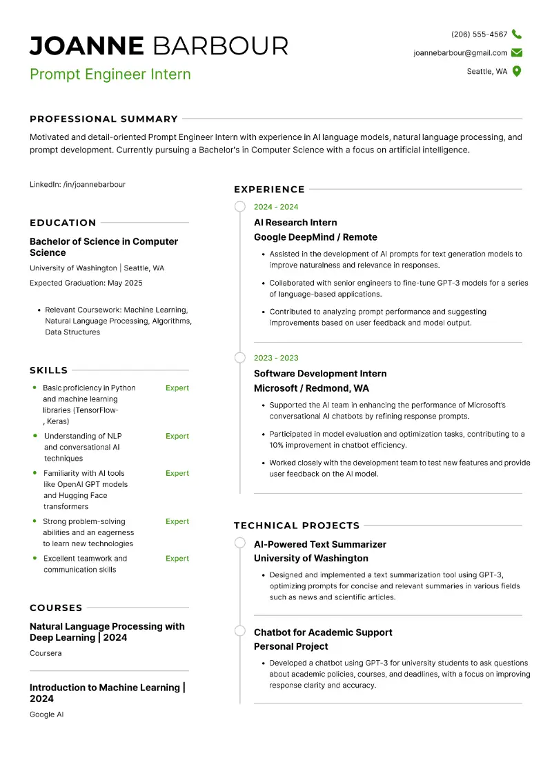 Prompt Engineer Intern Resume