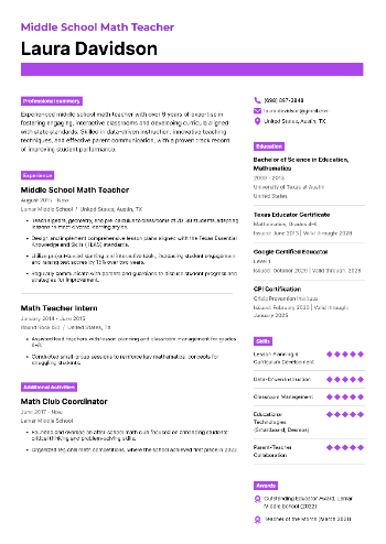 Middle School Math Teacher Resume Middle School Math Teacher Resume