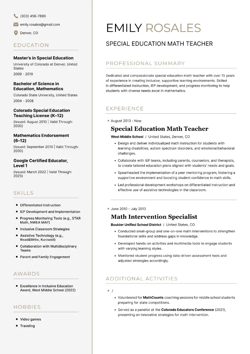 Special Education Math Teacher Resume Special Education Math Teacher Resume