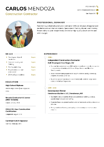 Construction Contractor Resume Construction Contractor Resume