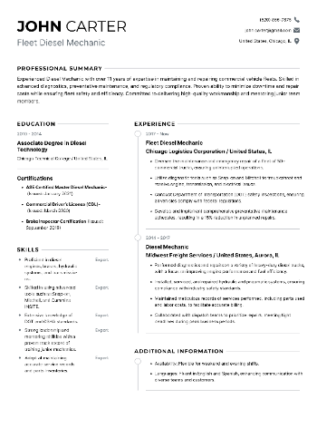 Fleet Diesel Mechanic Resume Sample