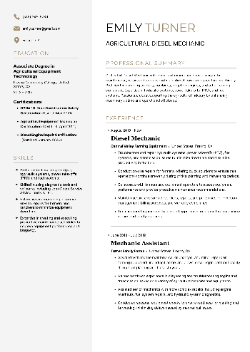 Agricultural Diesel Mechanic Resume