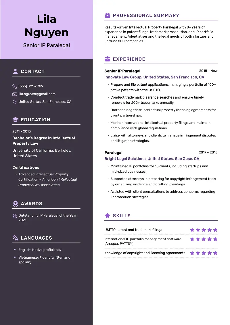 Senior IP Paralegal Resume