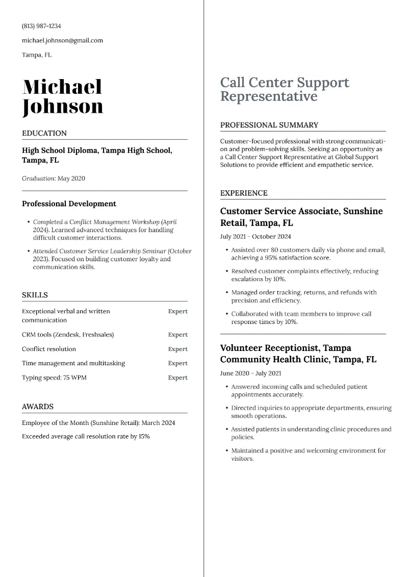 Call Center Support Representative Resume