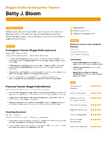 Reggio Emilia Kindergarten Teacher Resume