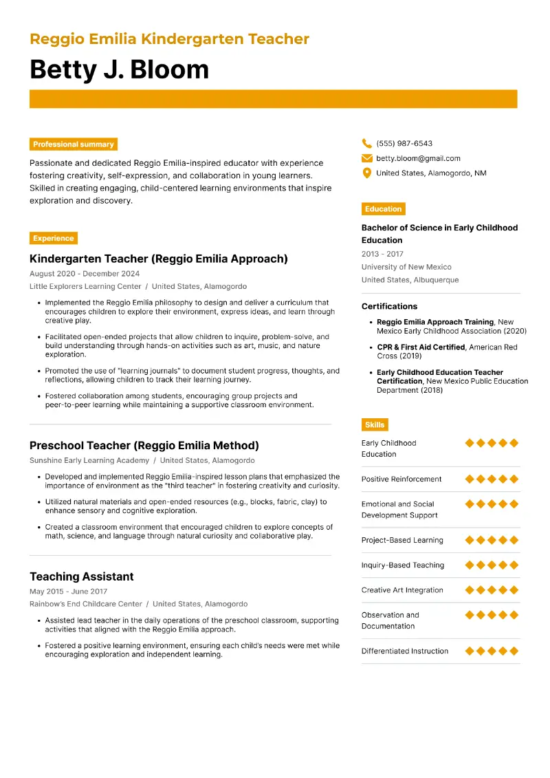 Reggio Emilia Kindergarten Teacher Resume