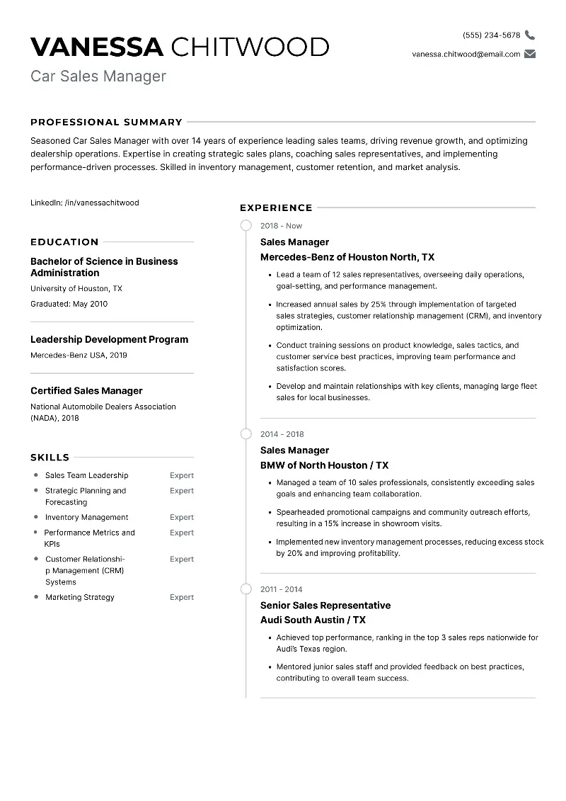 Car Sales Manager Resume