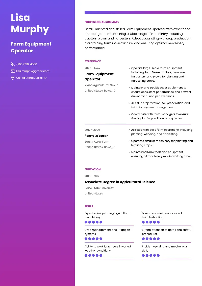 Farm Equipment Operator Resume