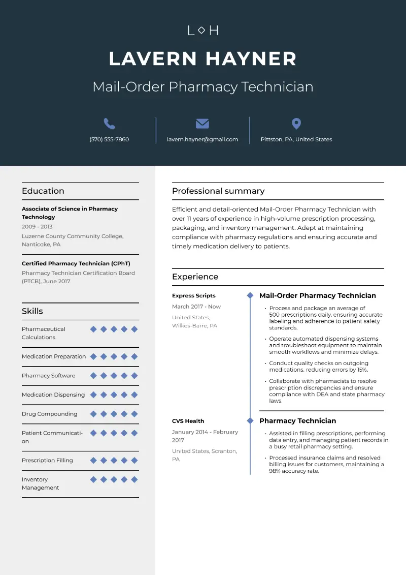 Mail-Order Pharmacy Technician Resume