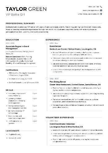 VIP Bottle Girl Resume