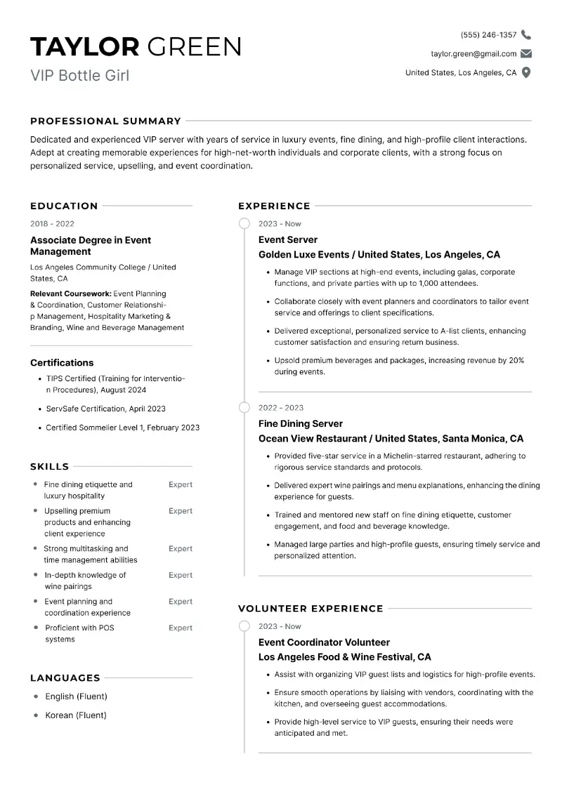 VIP Bottle Girl Resume VIP Bottle Girl Resume