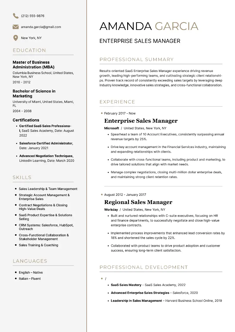 Enterprise Sales Manager  Resume