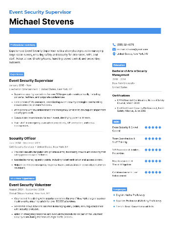 Event Security Supervisor Resume