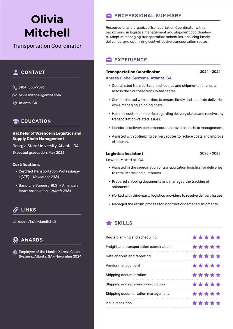 Transportation Coordinator Resume