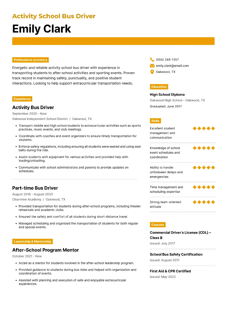 Activity School Bus Driver Resume Activity School Bus Driver Resume