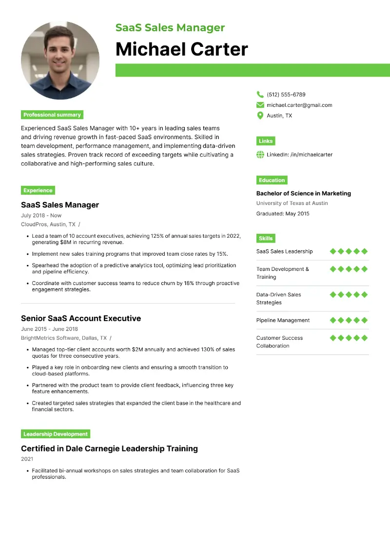 SaaS Sales Manager Resume