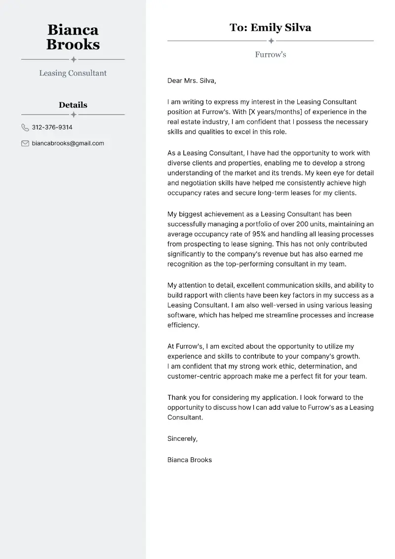 Leasing Consultant Cover Letter Leasing Consultant Cover Letter