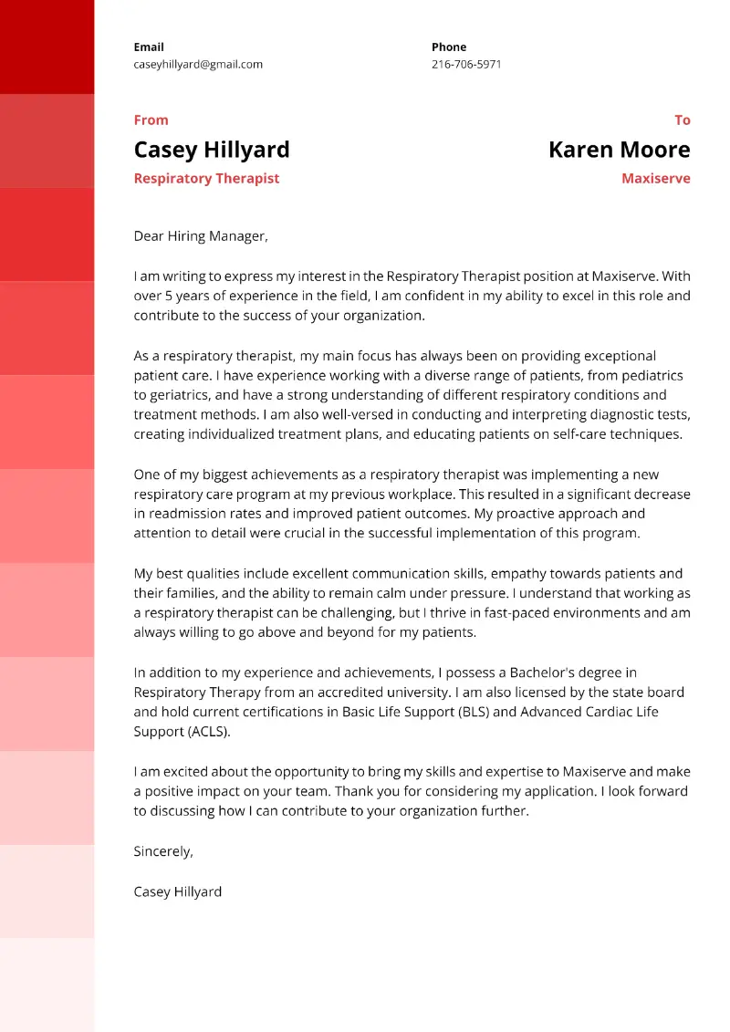 Respiratory Therapist Cover Letter