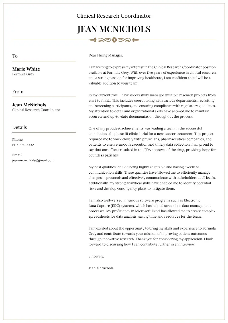 Clinical Research Coordinator Cover Letter Clinical Research Coordinator Cover Letter