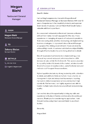 Restaurant General Manager Cover Letter Sample