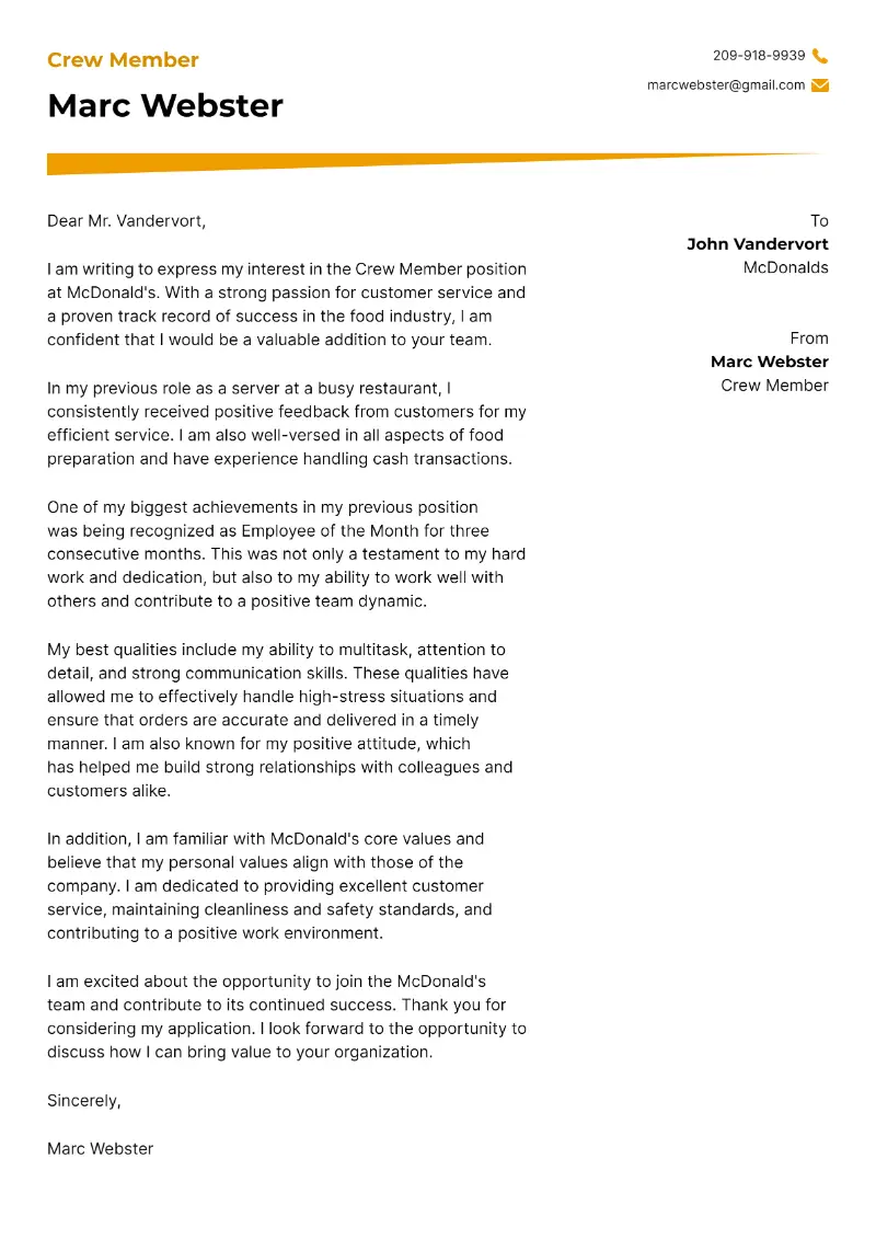 Crew Member Cover Letter