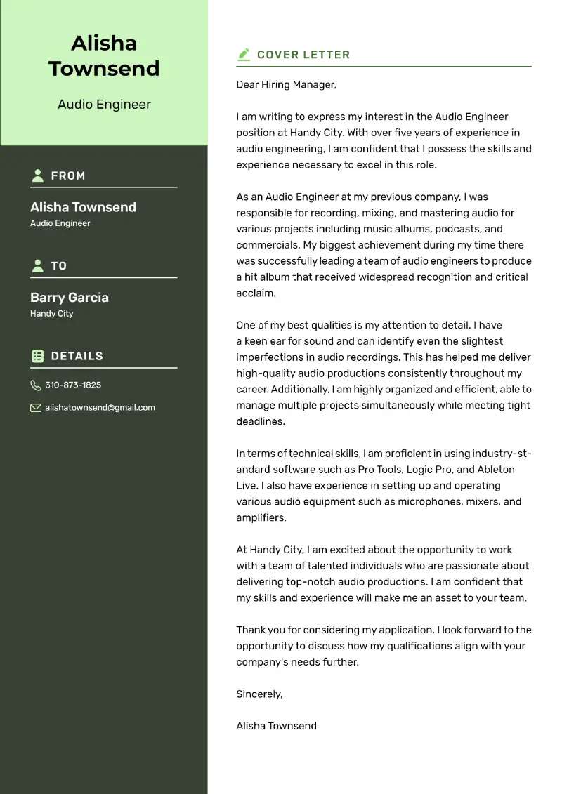 Audio Engineer Cover Letter Audio Engineer Cover Letter