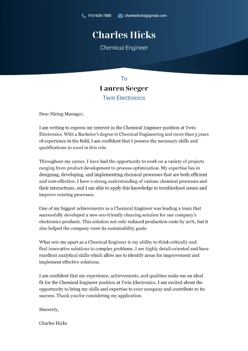 Chemical Engineer  Cover Letter Chemical Engineer  Cover Letter