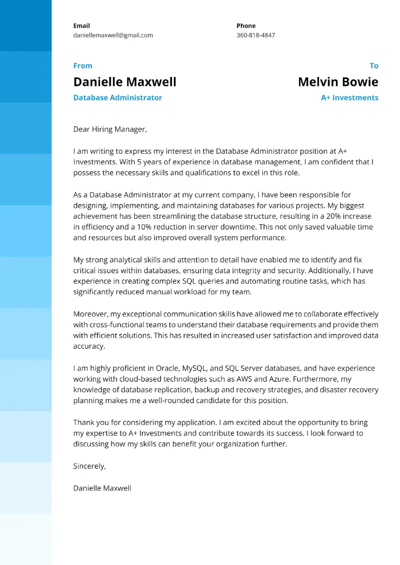 Database Administrator  Cover Letter Database Administrator  Cover Letter