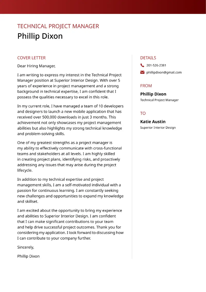 Technical Project Manager Cover Letter Technical Project Manager Cover Letter