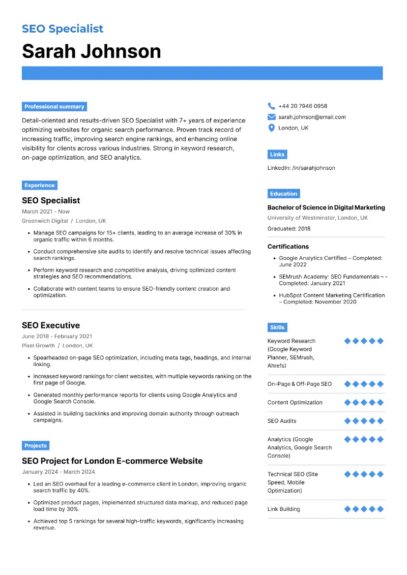 SEO Specialist Resume: Examples, Format, and Skills for 2025