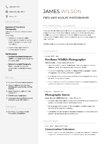 Freelance Wildlife Photographer Resume