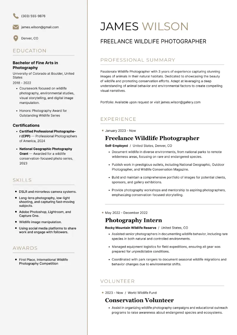 Freelance Wildlife Photographer Resume Freelance Wildlife Photographer Resume