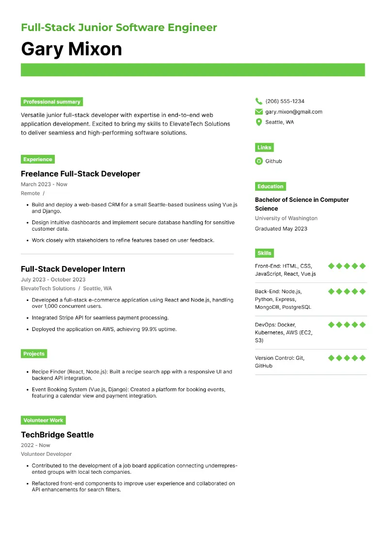Full-Stack Junior Software Engineer Resume Full-Stack Junior Software Engineer Resume