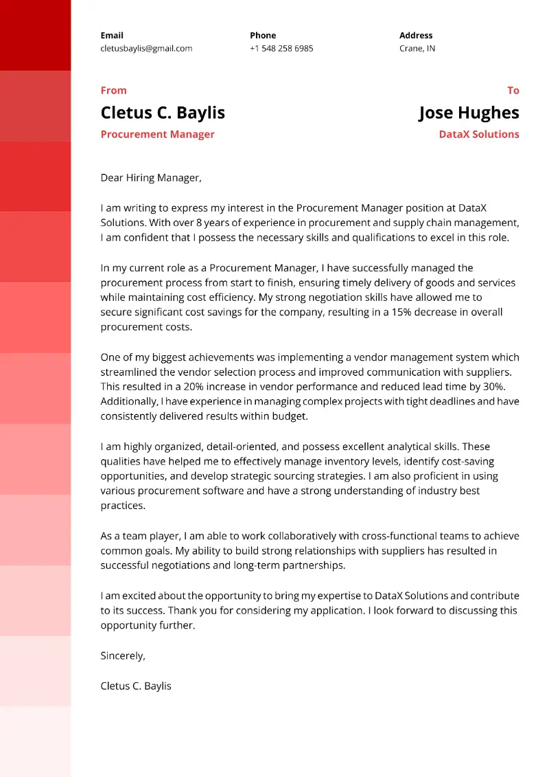 Procurement Manager Cover Letter Procurement Manager Cover Letter
