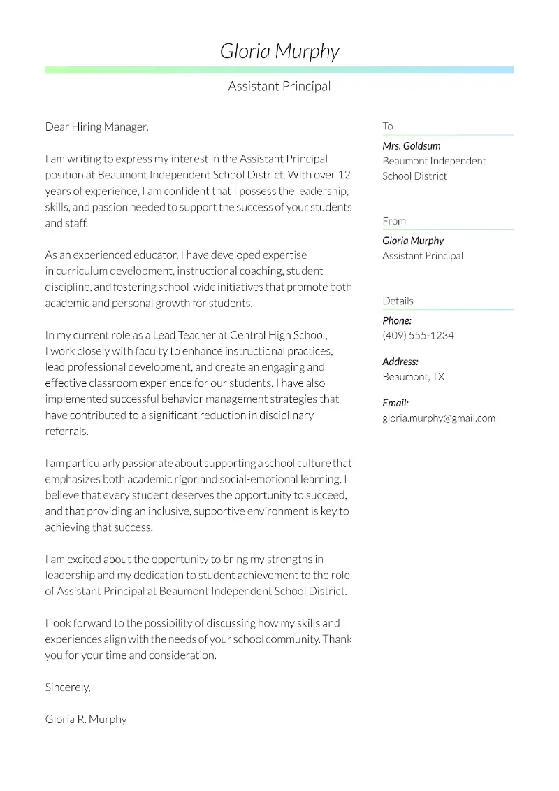 Assistant Principal Cover Letter