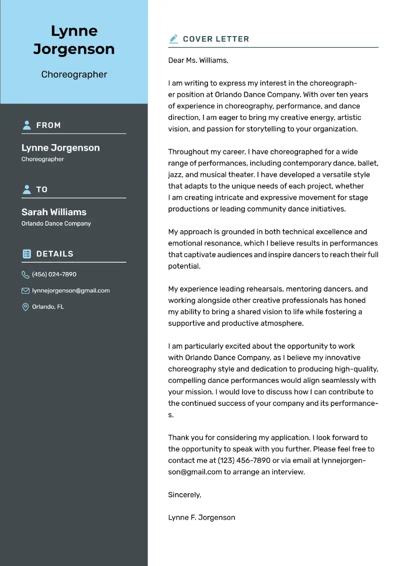 Choreographer Cover Letter Choreographer Cover Letter