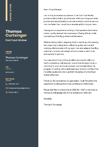 Fast Food Worker Cover Letter Sample Fast Food Worker Cover Letter Sample
