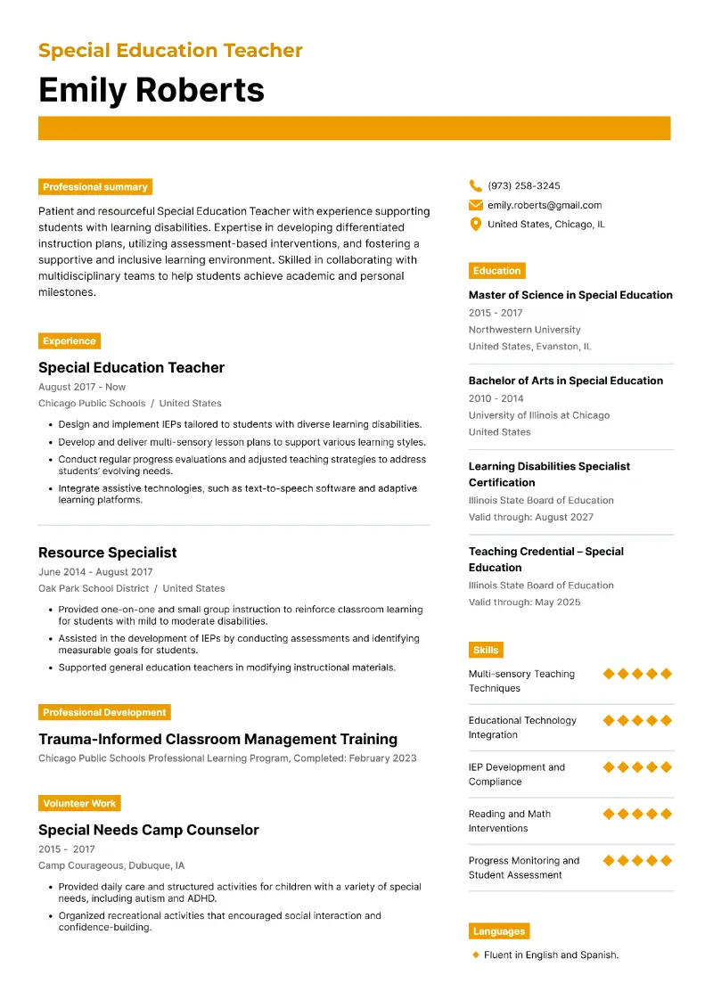 Special Education Teacher Resume Special Education Teacher Resume