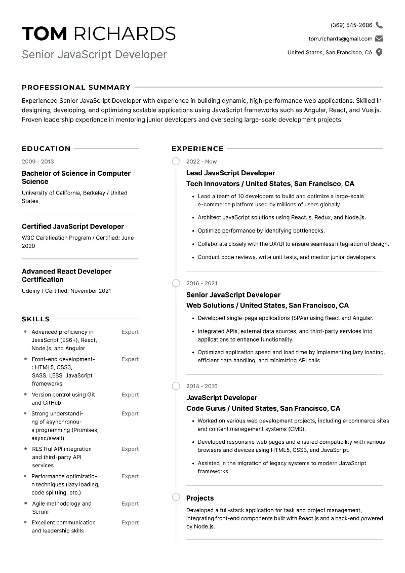 Senior Front End Developer Resume Examples for 2025