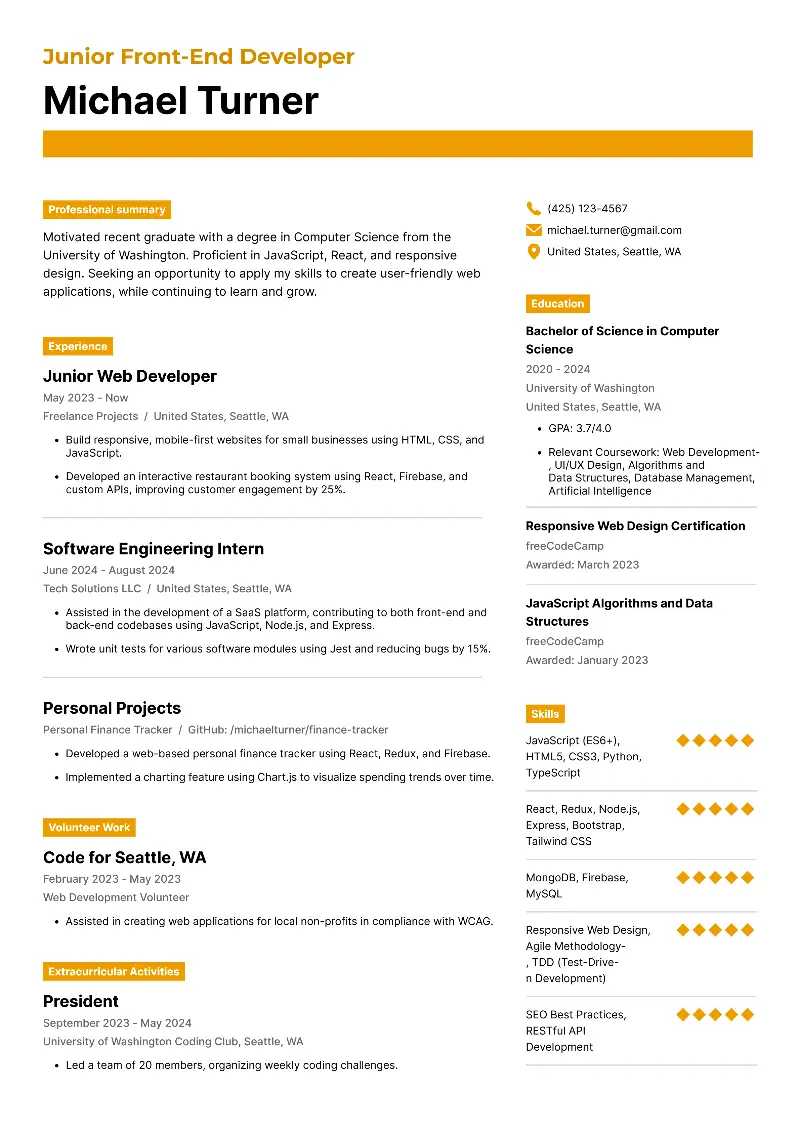 Junior Front End Developer Resume Examples for 2025