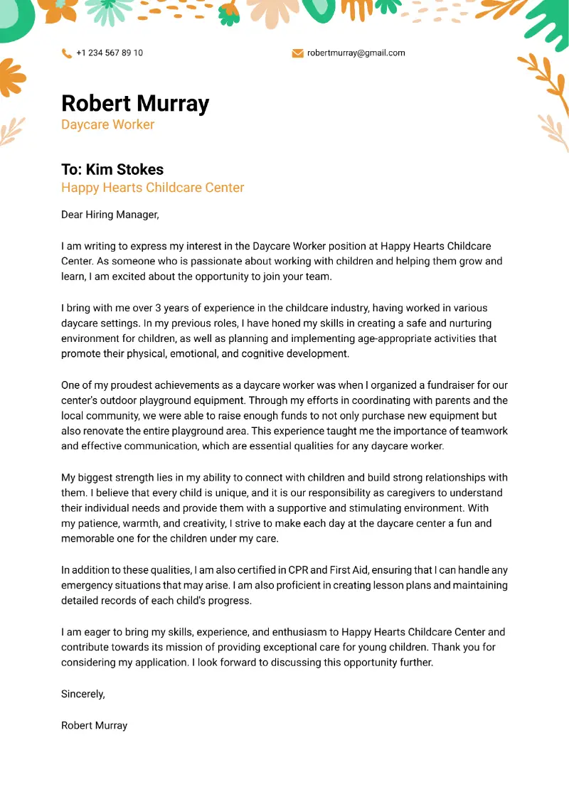 Daycare Worker Cover Letter