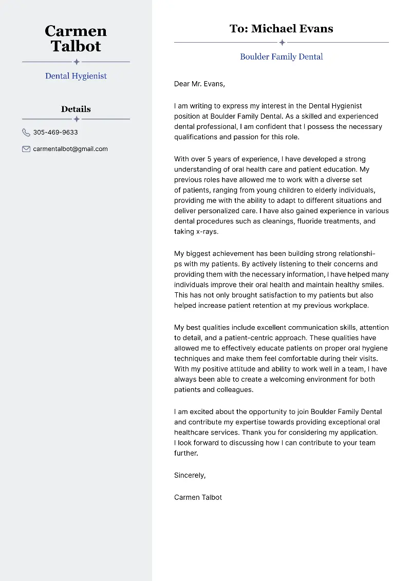Dental Hygienist Cover Letter