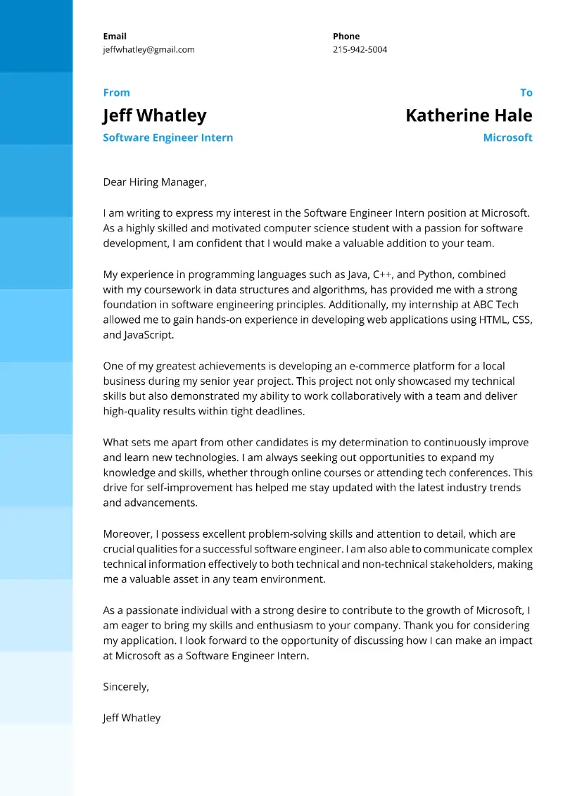 Software Engineer Intern Cover Letter Software Engineer Intern Cover Letter
